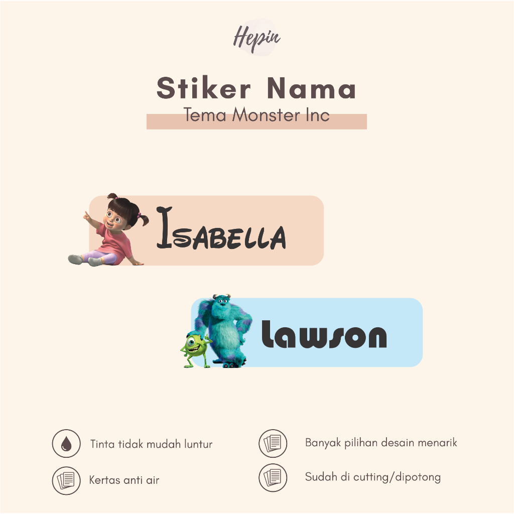 

(90 - 120 pcs) Stiker Cutting nama MONSTER INC/ Stiker Nama Anak Murah / Label Nama Custom