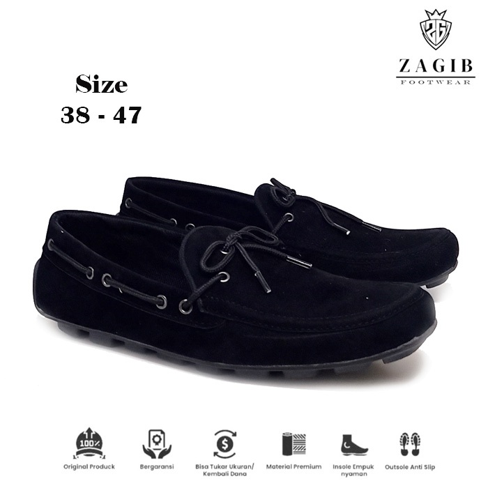 ZAGIB Footwear | Sepatu Loafers Pria Full Black Slipon Kulit Suede BIG SIZE JUMBO