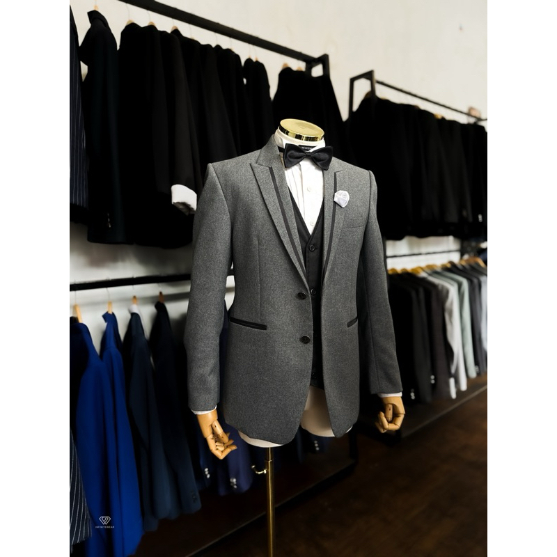 Setelan jas blazer pria Abu serat motif slim fit