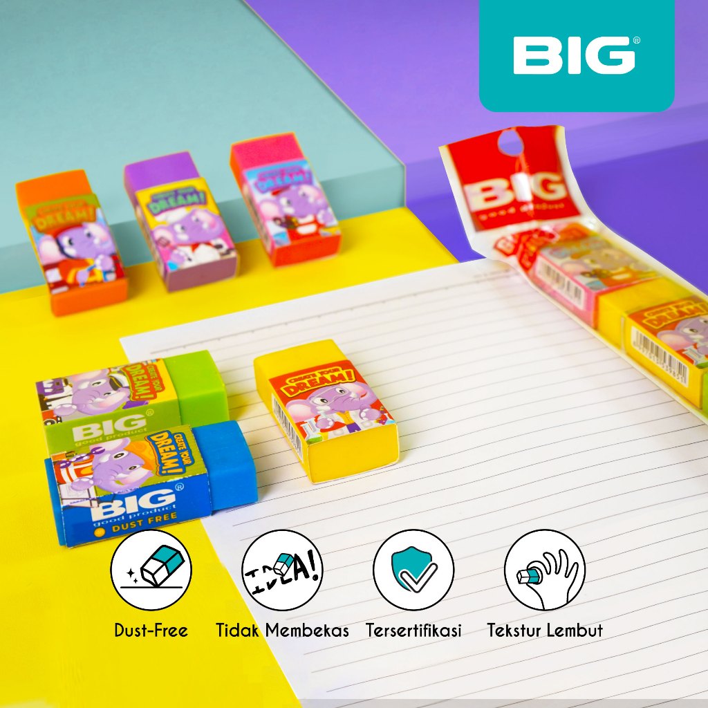 

4 Pcs BIG Penghapus / Eraser Pensil Warna Warni Besar Dust Free Bum E Elephant Series ER-9243BUME