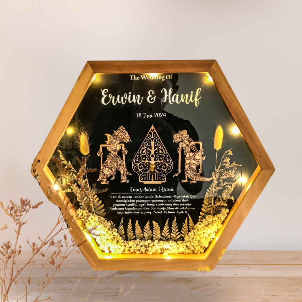 Mahar Pernikahan Murah - Bingkai Seserahan Souvenir Nikah Wayang Terbaru Segi Enam Rustik