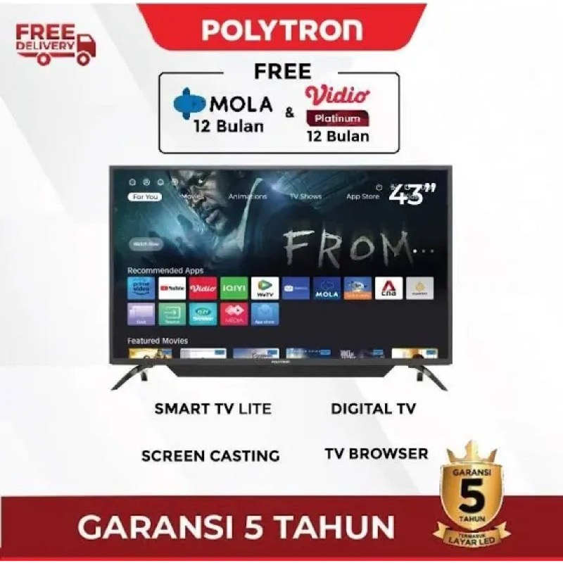 Polytron PLD-43CV8869 43 Inch Smart TV Full HD WiFi Digital Tanpa STB YouTube Garansi Resmi