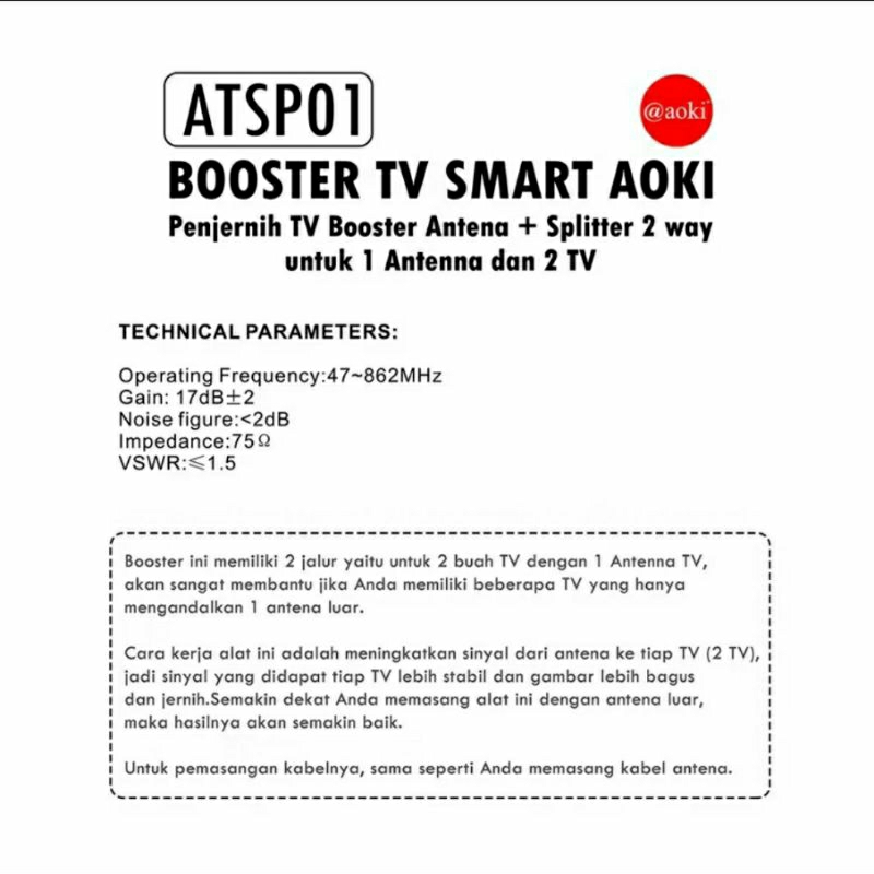 Booster Antena TV Smart Digital Penguat Sinyal Anten Splitter 2 TV Pembagi Sinyal Antena Aoki