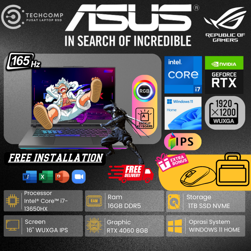 LAPTOP GAMING TERBARU ASUS ROG STRIX G16 G614J1 CORE I7 13650HX RAM 16GB DDR5 1TB SSD RTX4070-8GB WU