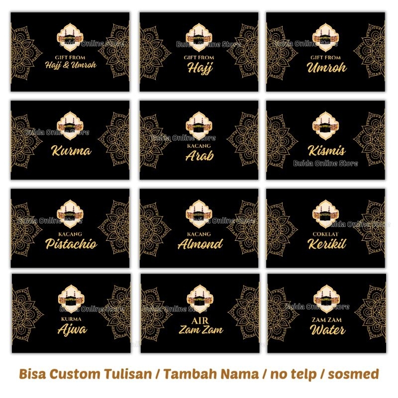 

Stiker Gift From Umroh Black Gold label kemasan kurma ajwa air zamzam water kacang arab almond fustuk pistachio kismis golden raisin souvenir hampers haji hajj makanan khas oleh-oleh bingkisan hadiah bisa custom nama tulisan date Zam Zam