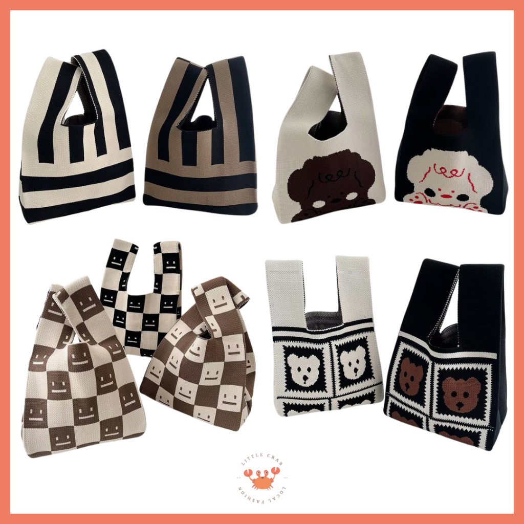 [littlecrab] Tas Rajut Earth Tone Coklat Hitam Putih Bangkok Knit Bag Knot Mini Totebag Buffalow