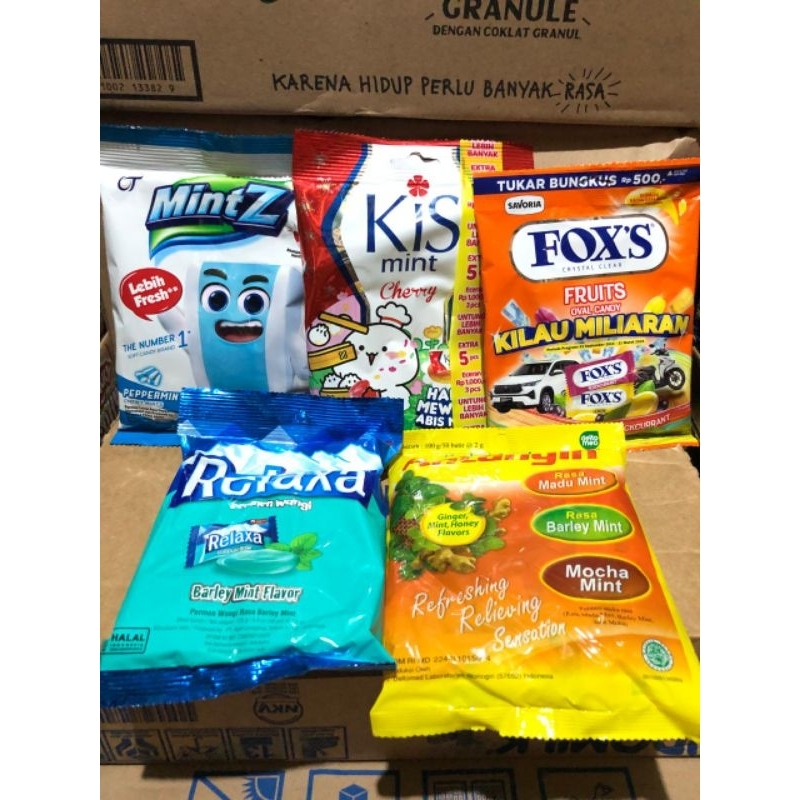 

PAKET PERMEN 35 MINTZ, KIS, FOX, RELAXA, ANTANGIN [1 PAKET DAPAT 5 SAK PERMEN]