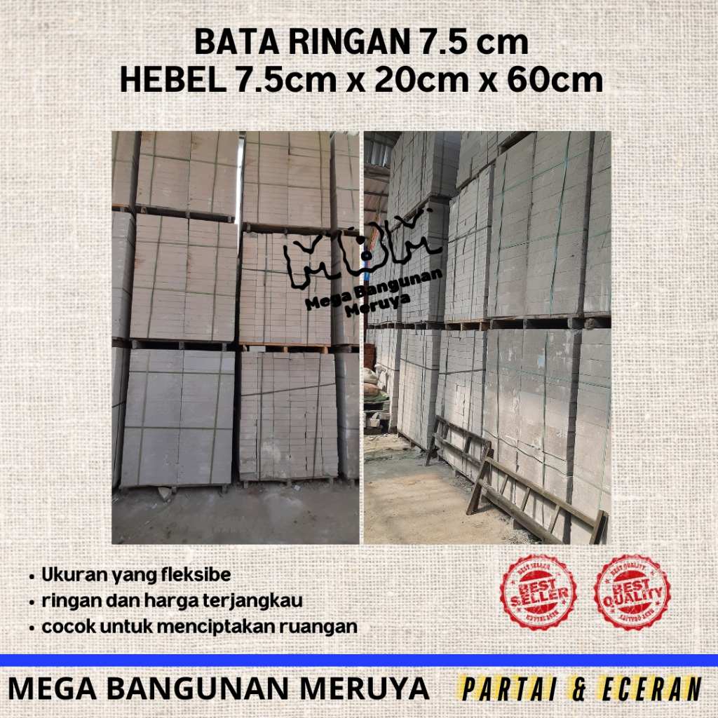 TERLARIS Hebel Bata Ringan 1 kubik isi 111 pcs 7.5 x 20 x 60 cm Jabodetabek