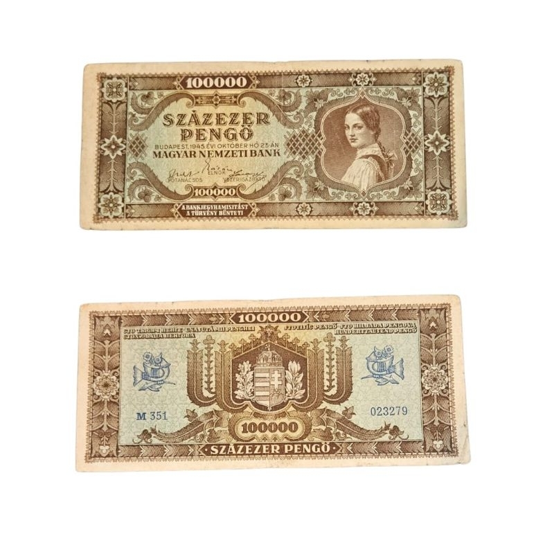 Uang Asing Negara Magyar Hungaria 100.000 Pengo Tahun 1945 Kondisi VF Dijamin Original 100%