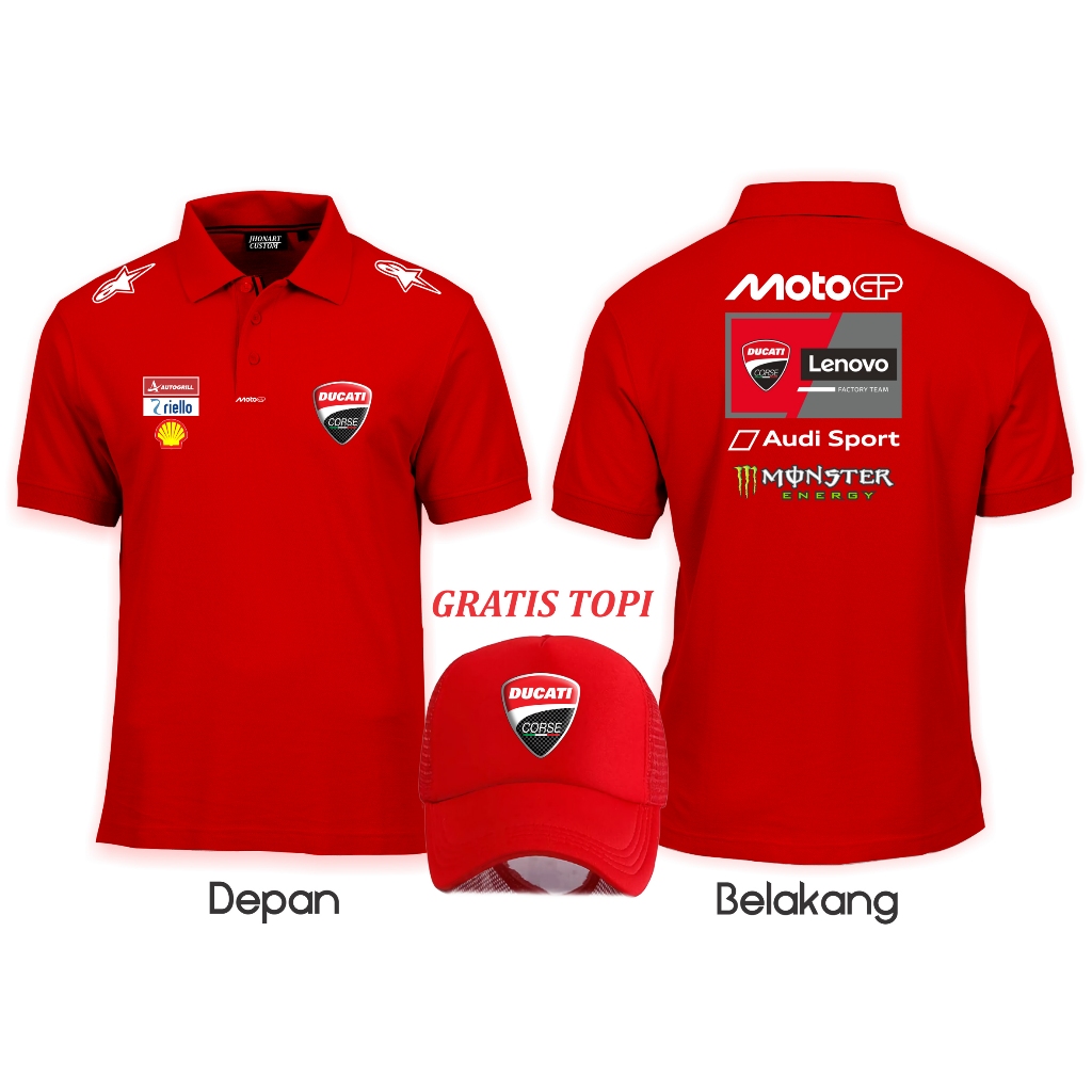 Kaos Polo MotoGP Merah Hitam Putih Lengan Pendek Logo Terbaru Gratis Topi Ducati
