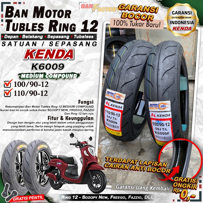Ban Motor Scoopy Donat Kenda K6009 Ring 12 Tubles Ban Motor Tubeless Scoopy Fazzio Freego Ring 12