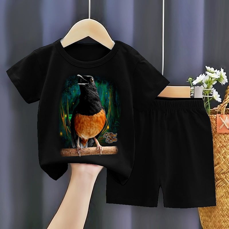 SETELAN HITAM ANAK KEREN BURUNG MURAI BATU BULU OREN SABLON DIGITAL SABLON DTF ONE SET BAJU CELANA A