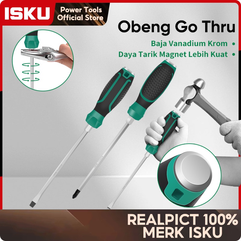 ISKU Obeng Tembus Ketok Plus Minus Phillips Screwdriver Magnet Tip 270mm Gagang Karet Baja CR-V Taha