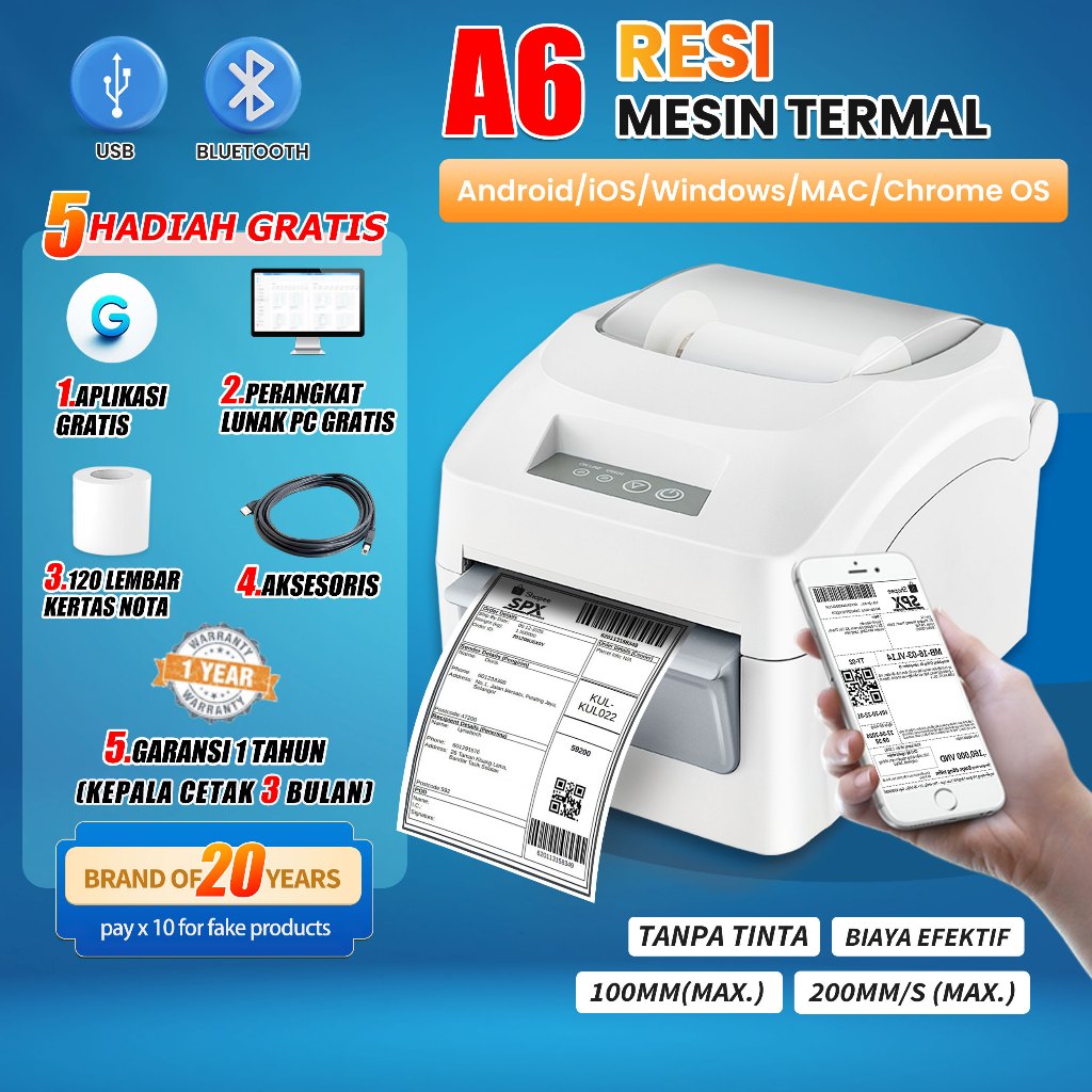 Barcode Printer Thermal Waybill Printer USB+Bluetooth Mesin Cetak Label Stiker Resi 4 & 3 In