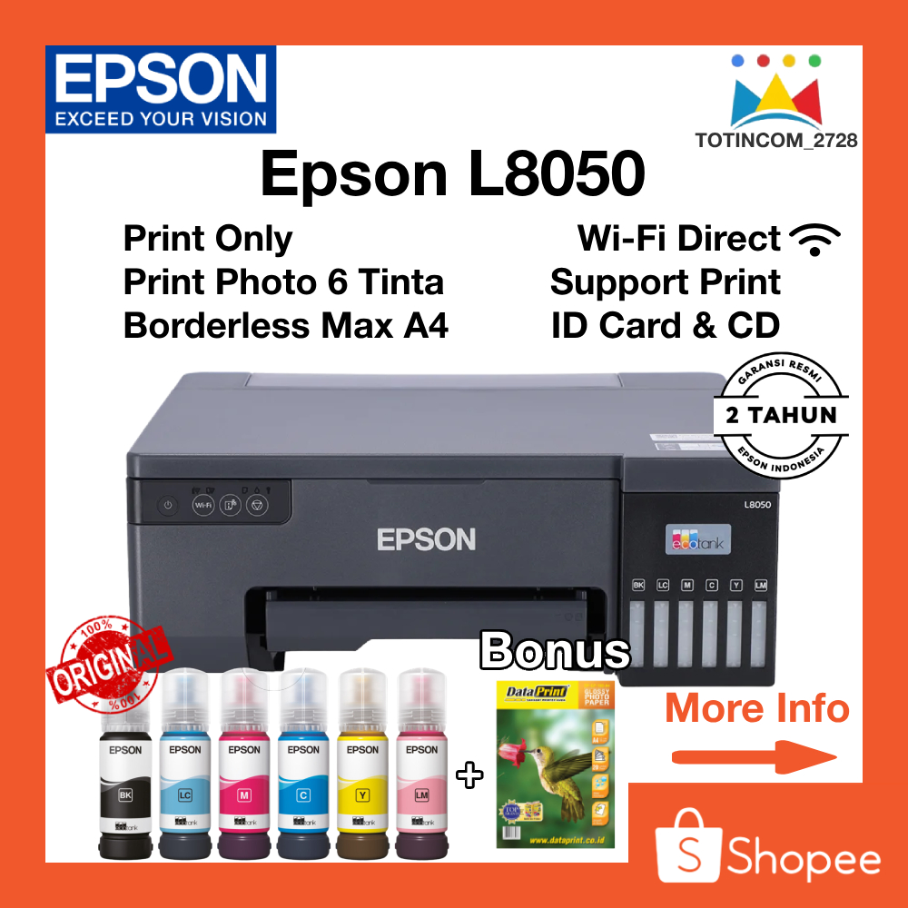 Printer L8050 Epson A4 Garansi Resmi Tinta original 6 warna Printer photo Id card CD Support Wifi
