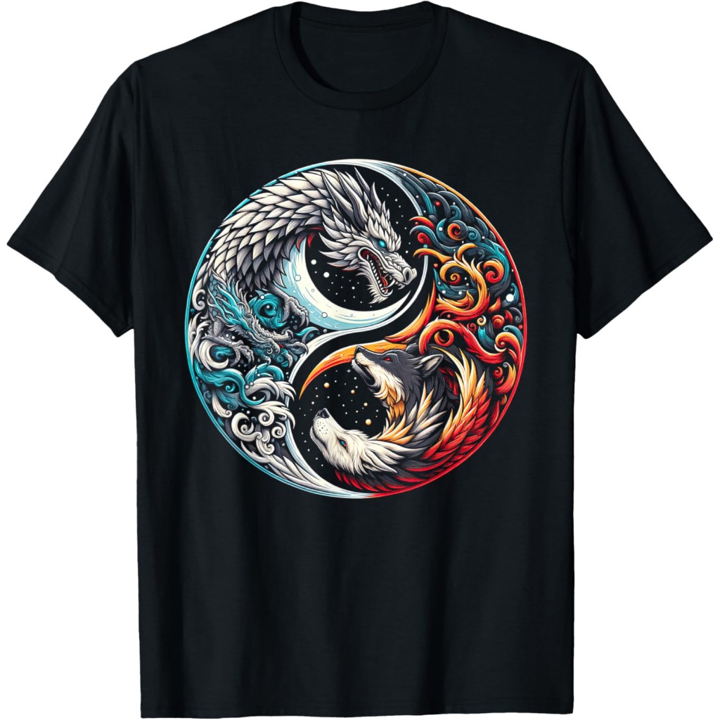 Kaos Cetak Grafis Streetwear Seni Jepang Yin Yang Naga & Serigala