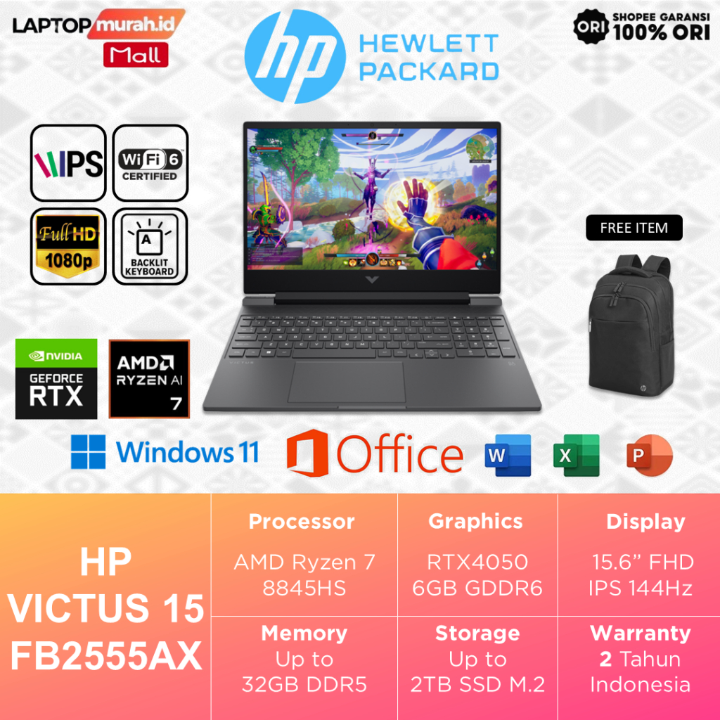 Laptop HP Victus RTX4050 6GB Ryzen 7 8845HS 32GB 2TB 15.6" FHD 144Hz Windows 11 - Victus 15 FB2555AX