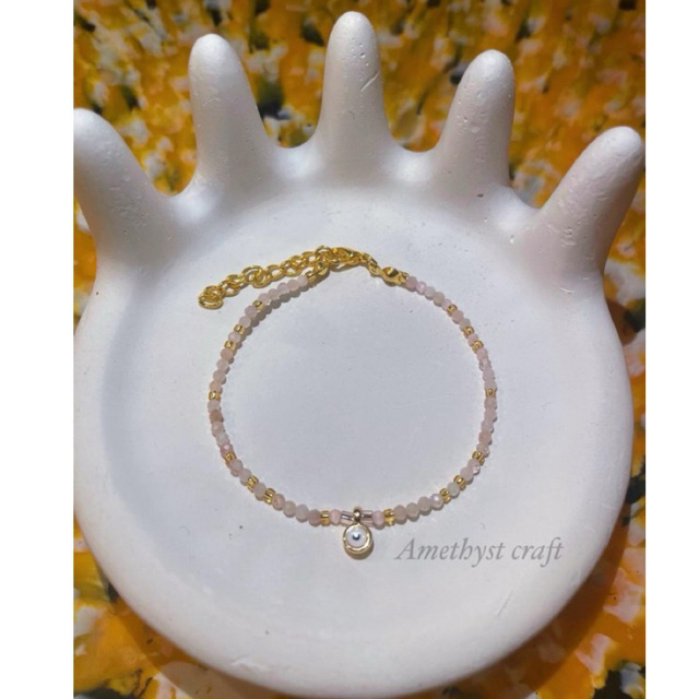 Rose Quartz Crystal Gemstone Bracelet | Evil Eye Charm | Gelang kristal gemstone batu alam asli hand