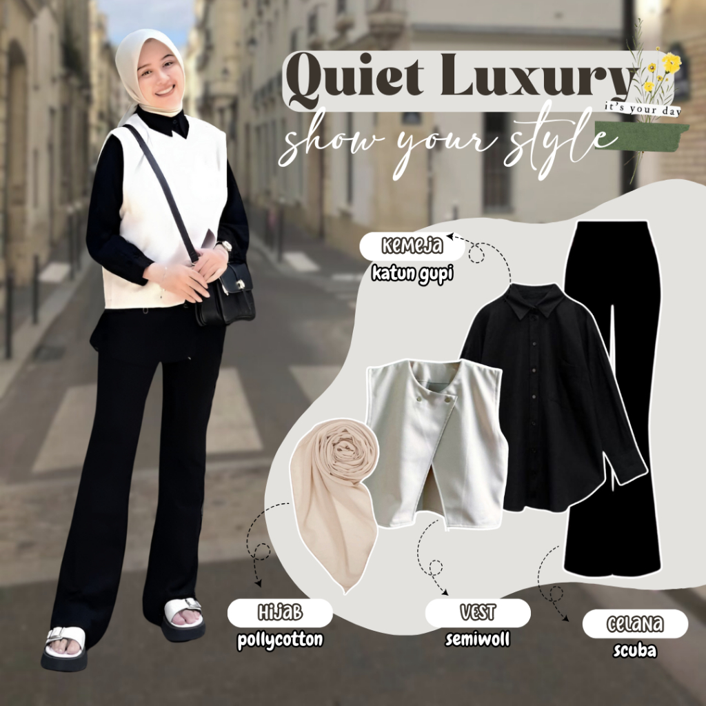Vest Kemeja Set Cewek Office Look Outer Wanita Polos, Kemeja Hitam, Celana Cutbray Scuba, Hijab LQ10