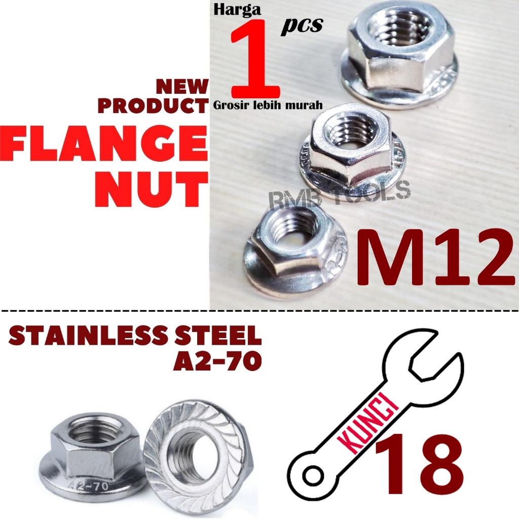 M12x1.75 Mur Flange Nut Stainless Drat 1.75 K18 M12 / Mur Topi M12