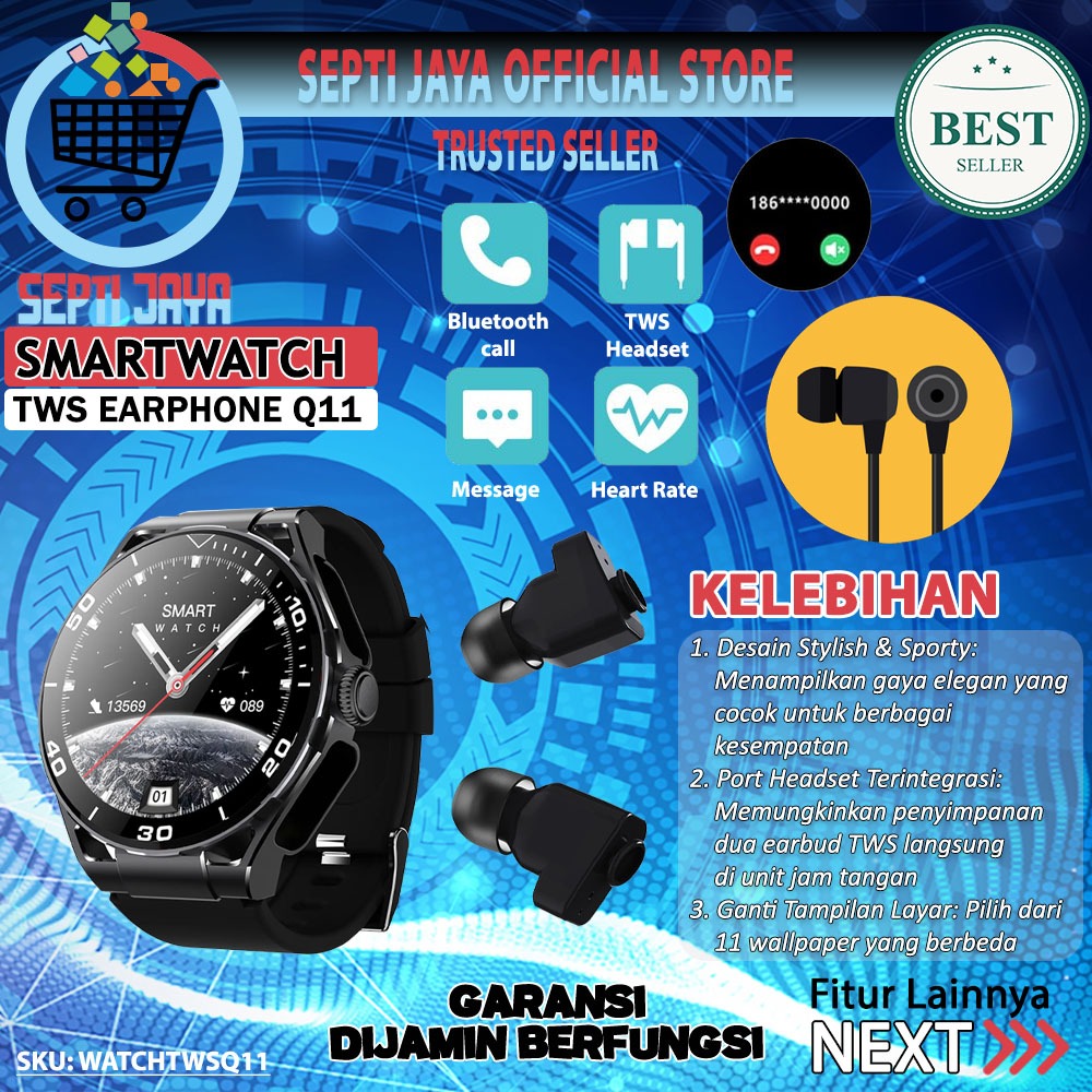 AIG Smart Watch Bluetooth Q11 Smartwatch & Earphone Ear Buds Nirkabel Jam Tangan Headset TWS
