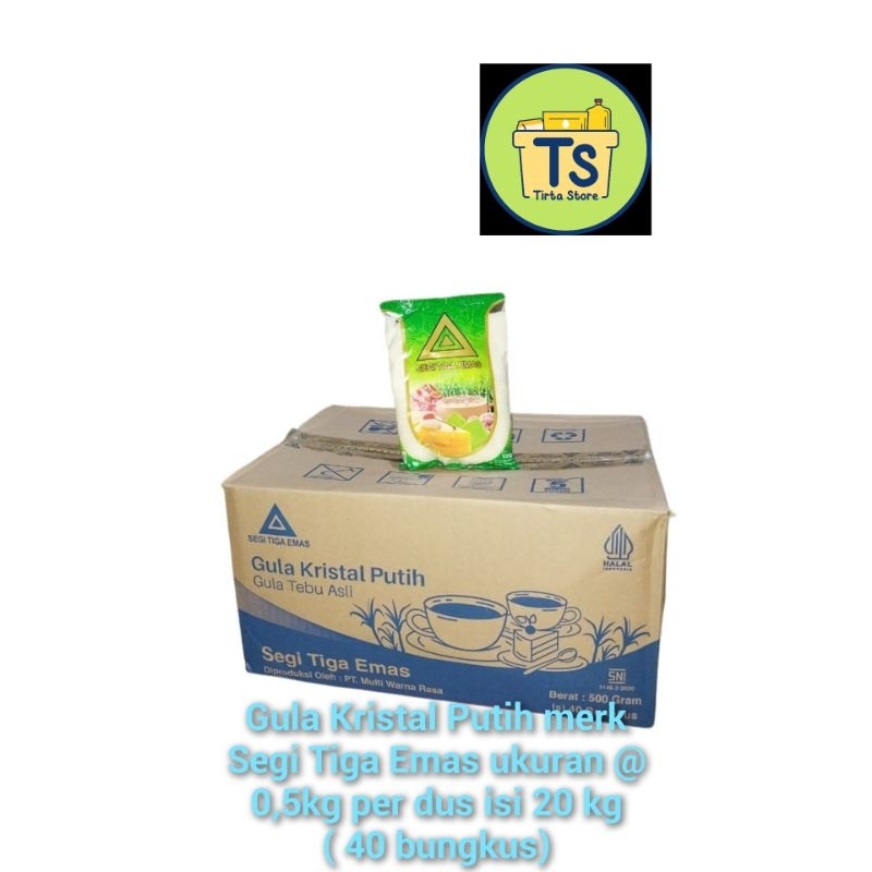 

gula kristal putih merk segitiga emas ukuran 0,5 kg per dus isi 20kg ( isi 40 bungkus)
