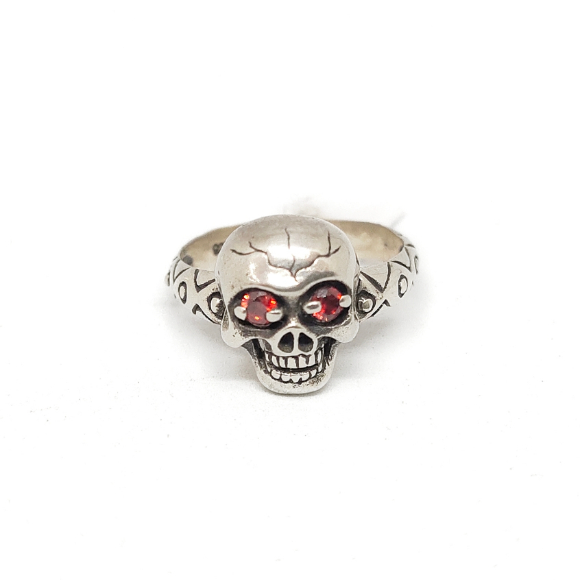 Cincin Ring Perak Silver Bali Asli 925 Ukir Motif Tengkorak Skull Batu Natural Garnet Pria Laki Wani