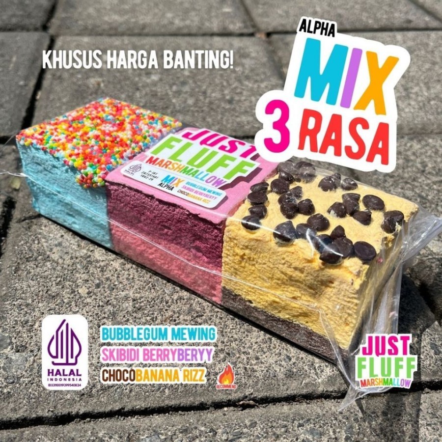 

Marshmallow JustFluff MIX ALPHA [3 KOTAK 3 RASA] JustFluff Marshmallow