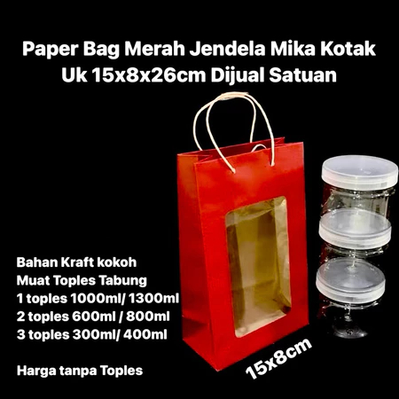 

( 5 pcs ) paperbag imlek merah jendela mika bahan karft packaging 3 toples tabung 300ml tas kertas tenteng 15x8x26 cm