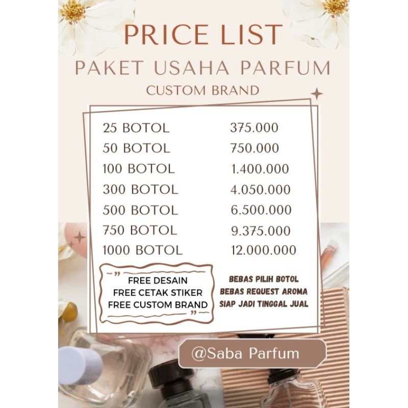 (100 BOTOL) PAKET USAHA PARFUM, BISA CUSTOM NAMA/BRAND SENDIRI