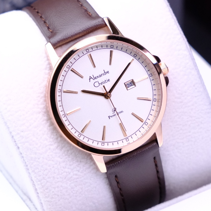 Alexandre Christie Wanita Terbaru Original Warna Rosegold White Brown - AC1014 Strap Kulit