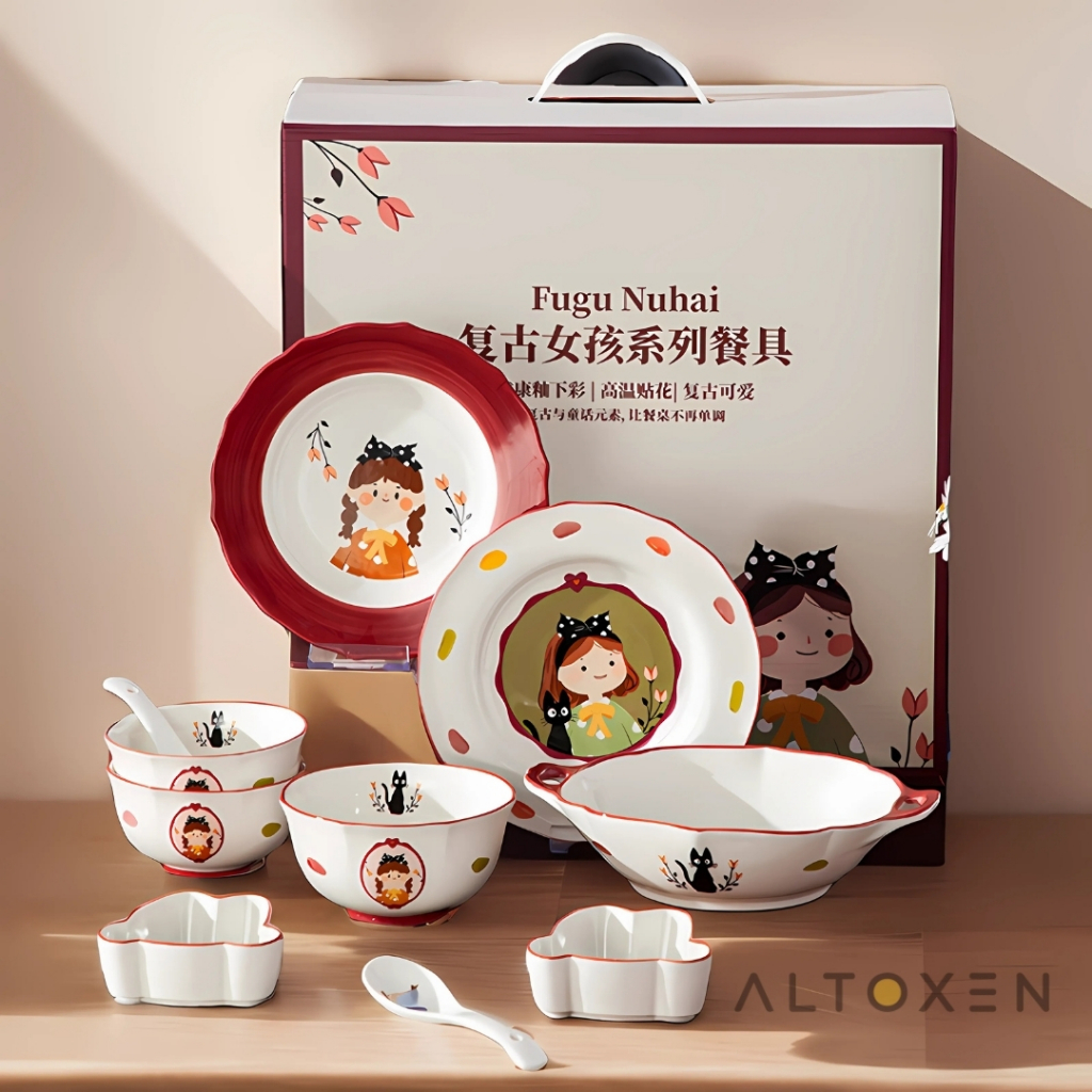 Hampers Tableware Set Piring Mangkok Keramik Motif Retro  Lucu Tahan Panas Estetik