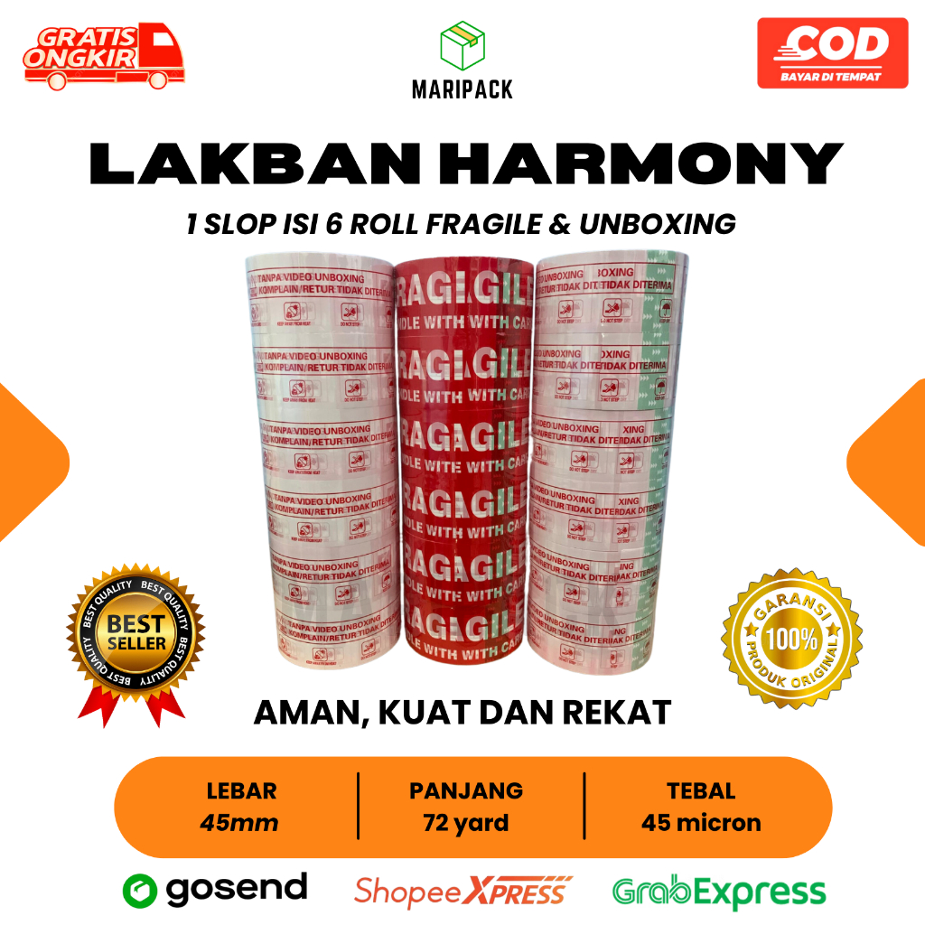 

HARMONY Lakban Solasi Unboxing/Fragile 2in1 45mm x 72 Yard (Slop)