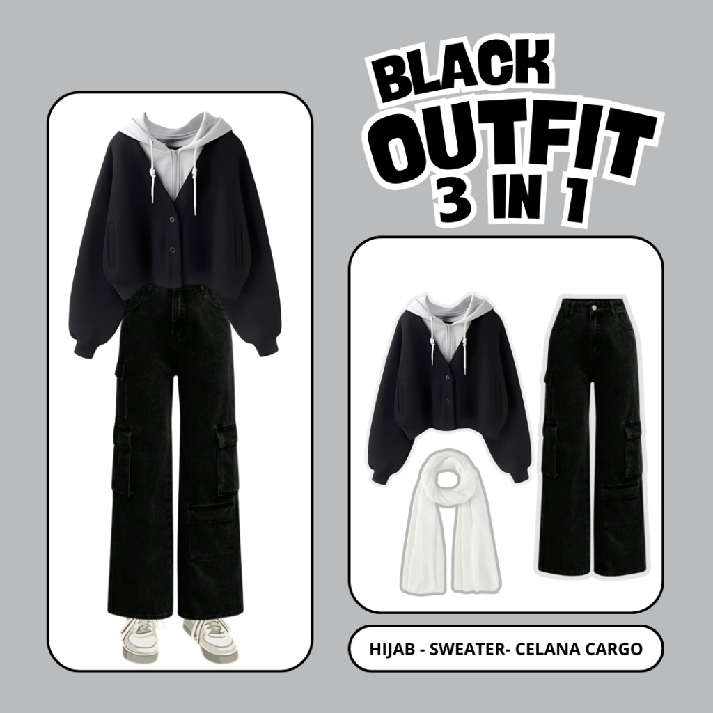 Black Outfit Set 3 in 1 ( Sweater - Celana Cargo - Hijab ) Setelan Cewek Mamba Keren Modis Fashion Y