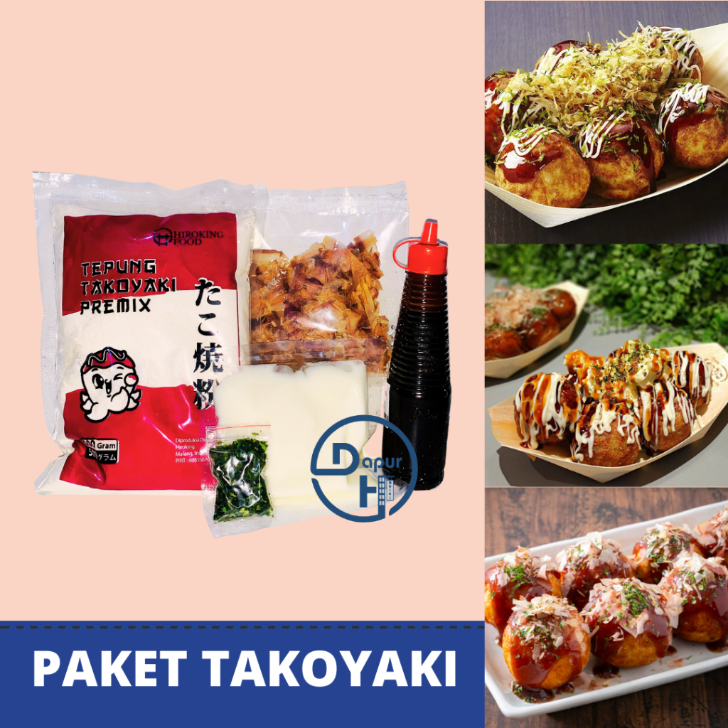 

PAKET BAHAN TAKOYAKI LENGKAP 50 Butir Halal /Tepung, Katsuobushi, Saus Takoyaki, Aonori//