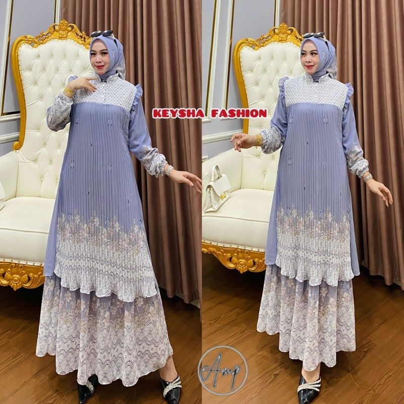 set dress plisket layer ceruti hijab segi empat