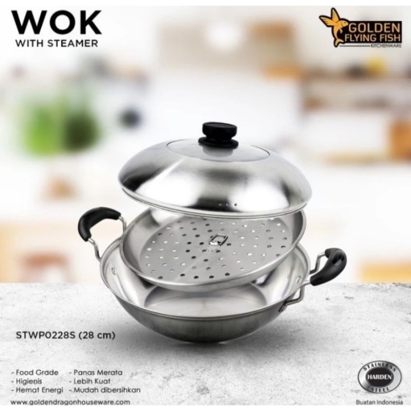 Panci Wok Pan plus Steamer 28cm • Panci Stainless Golden Flying Fish