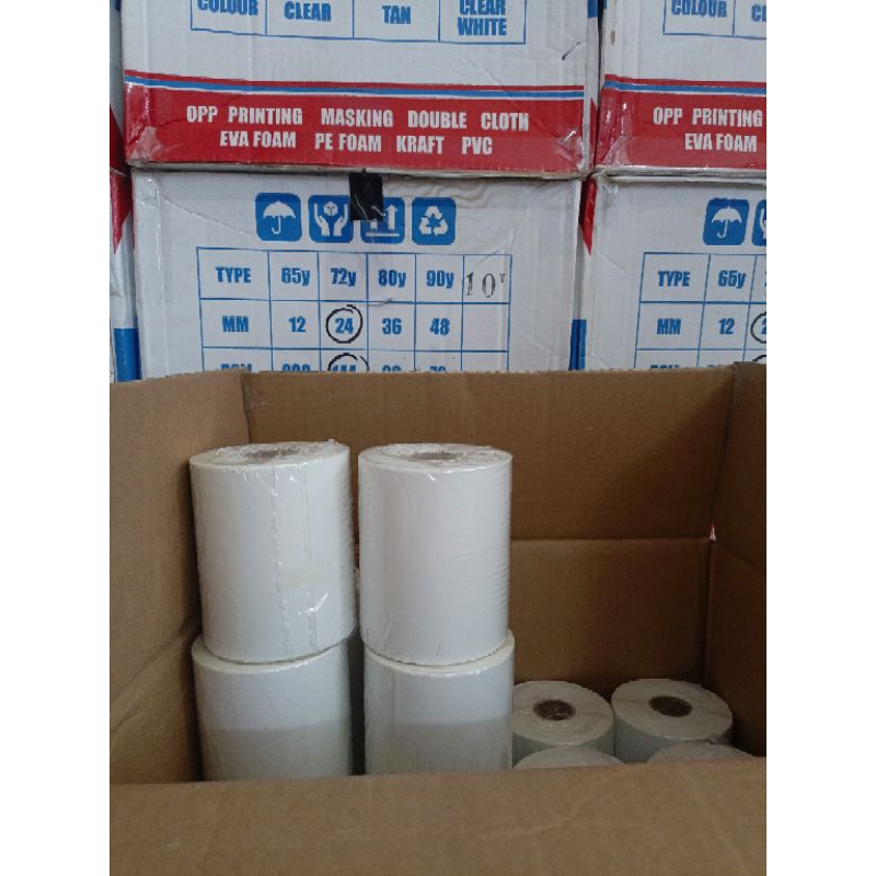 

Kertas thermal model stiker label langsung tempel ukuran 100 mm x 150 mm isi 250 stiker / 300 stiker