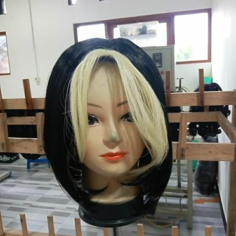 Wig Wanita Bob Pendek 2 Warni Hitam blonde Highlight Natural Tebal Sintetis kode03