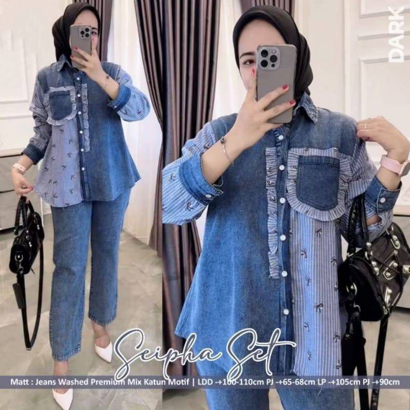 Seipha Set Celana Jeans Polos Atasan Katun Motif Cantik Baju Setelan Wanita Muslim Fashion Perempuan