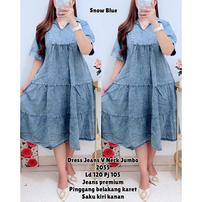 2055 DRESS JEANS POLOS V NECK LD110&LD120|MIDI DRESS|DRESS REMPEL SUSUN