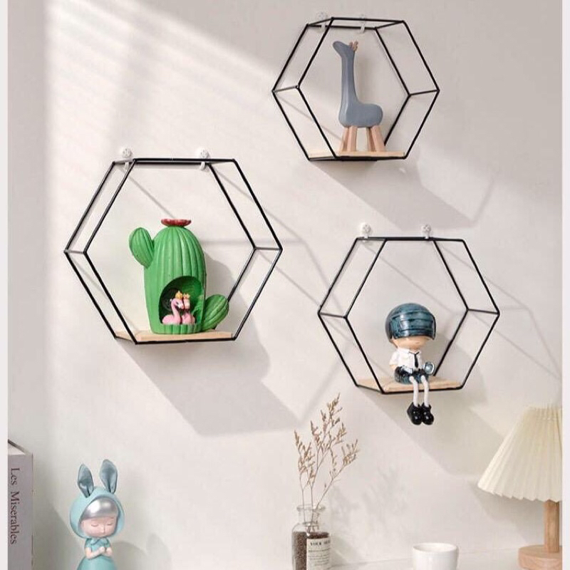 1 set isi 3 rak dinding hexagonal rak besi hexagonal hiasan dinding aesthetic rak besi minimalis