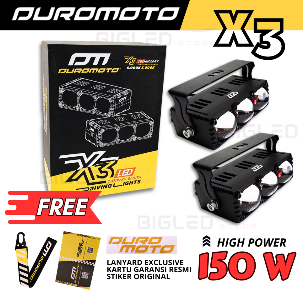 DUROMOTO X3 Lampu Tembak Foglamp Duromoto X 3 Mini Laser Projie Led 3 Mata 150W