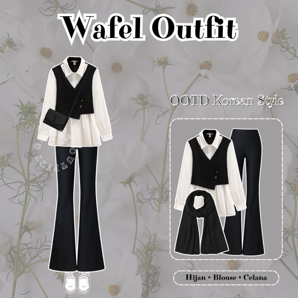 Wafel Outfit 3in1 ( Hijab + Blouse + Celana ) OOTD Korean Style
