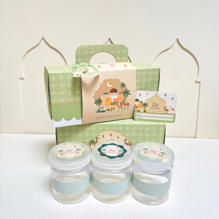 

(5 Pcs) Box Tenteng Hampers Kue Idul Fitri Kotak Packaging Cookies Lebaran Motif Chana Muat 3 Toples 800 ml