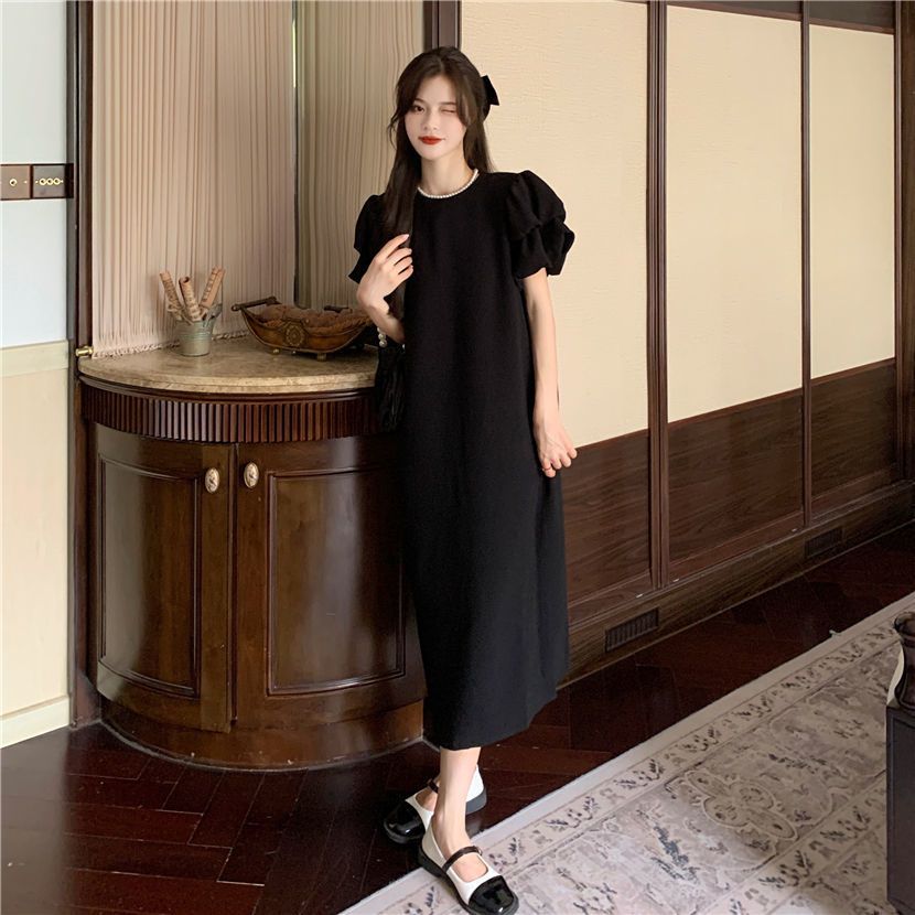 PAPADI Dress Casual Polos Wanita Lengan Pendek Balon Hitam Hijau Lumut Gaun Midi Basic IB0056