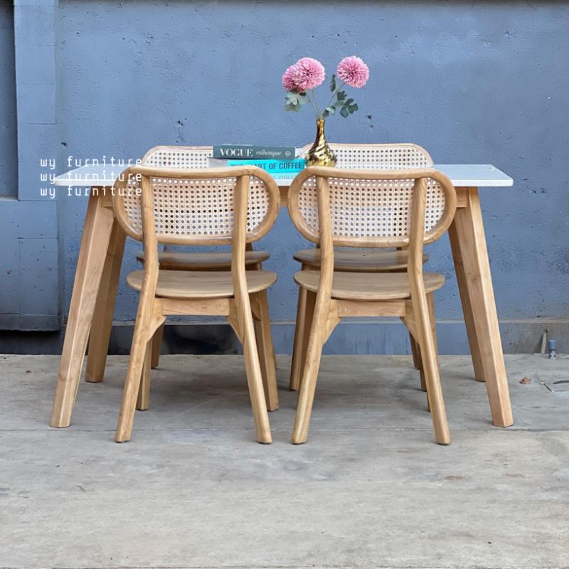 Dining set minimalis kayu jati top marmer, meja makan kayu jati, kursi meja makan kayu jati marmer