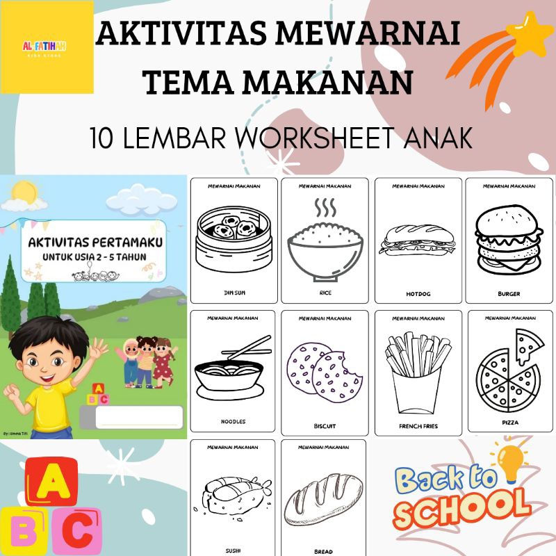 10 HALAMAN WORKSHEET MEWARNAI TEMA MAKANAN LEMBAR TUGAS ANAK USIA 2 3 4 5 TAHUN