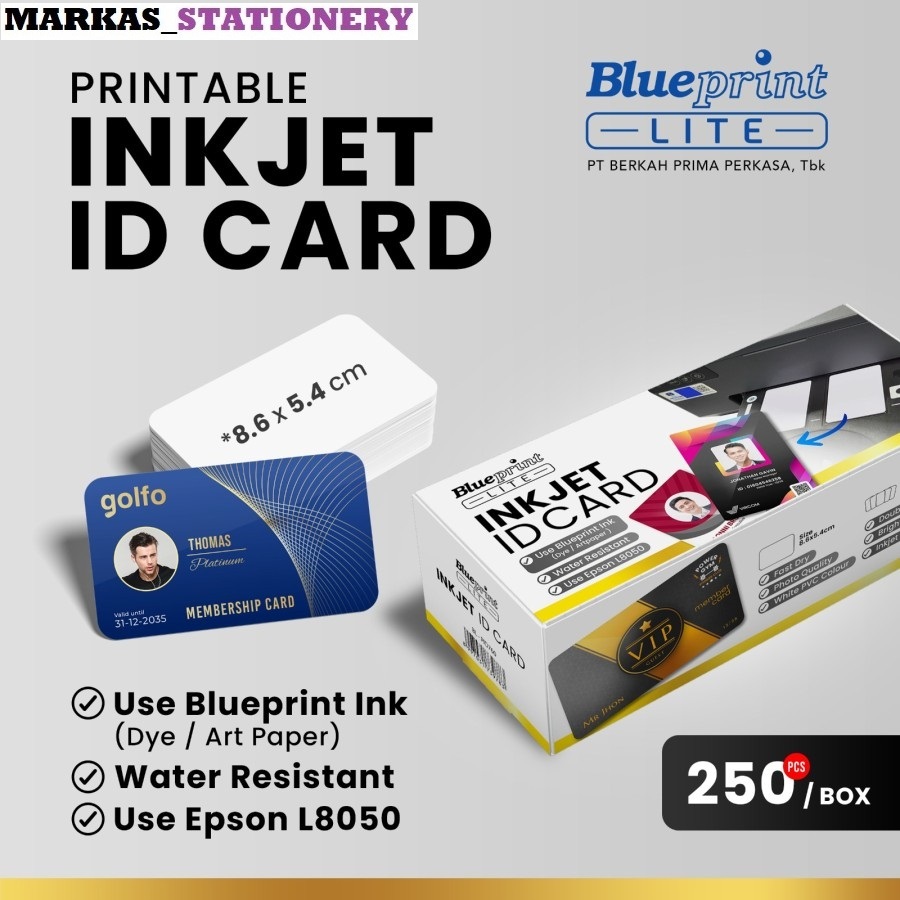

Kartu printable inkjet Id card blueprint 8.6 x 5.4 Cm 760 micron print di Epson L8050 (1 BOX)