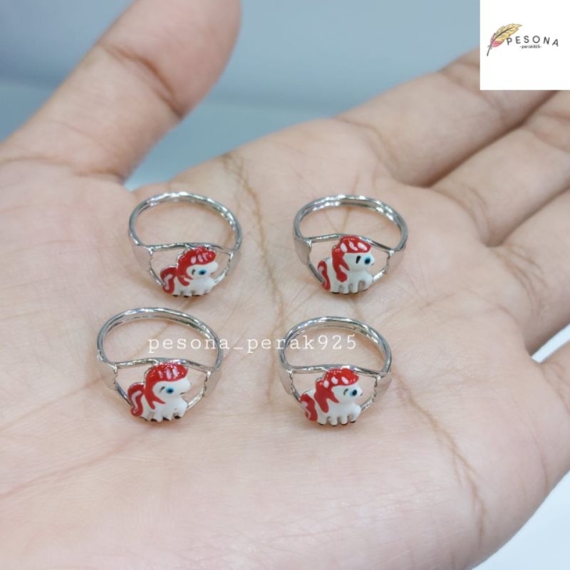 Cincin Anak Perak Asli Silver 925 Lapis Emas Putih Model Kuda Poni Cat - Perhiasan Perak Anak Ada Su